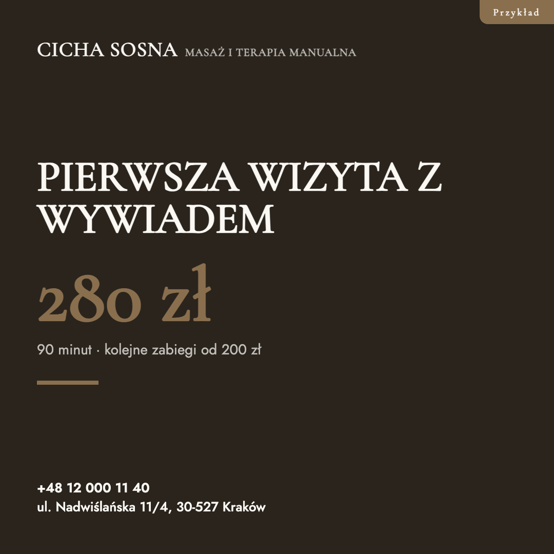 Post z ceną pierwszej wizyty w gabinecie terapii manualnej