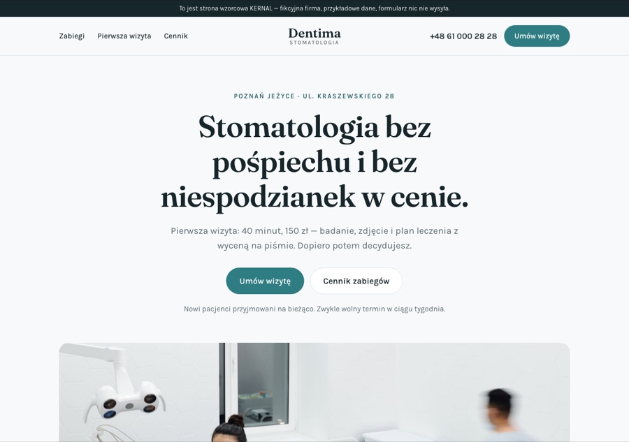 Wzorzec strony gabinetu stomatologicznego Dentima — pakiet Start
