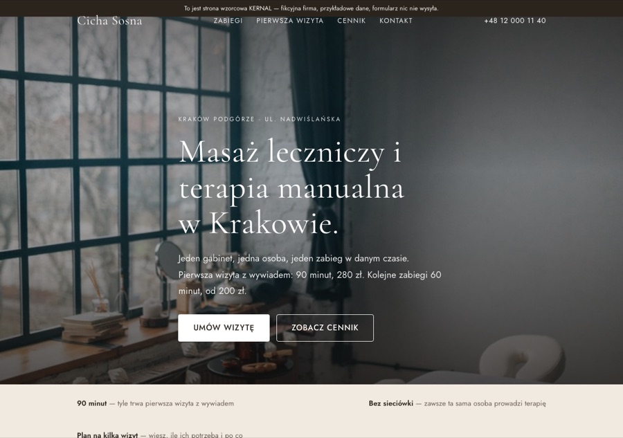 Wzorzec strony gabinetu terapii Cicha Sosna — pakiet Start