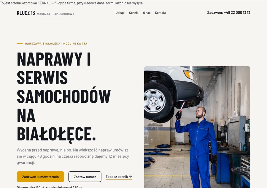 Wzorzec strony warsztatu samochodowego Klucz 13 — pakiet Start